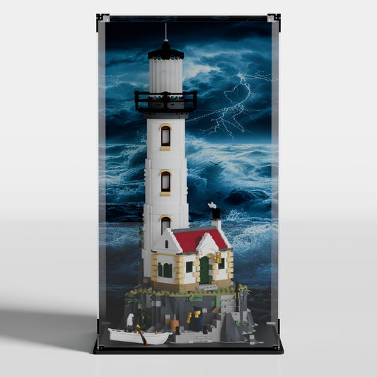 Front view of LEGO® Ideas Motorised Lighthouse 21335 in a premium acrylic display case with stormy sea background
