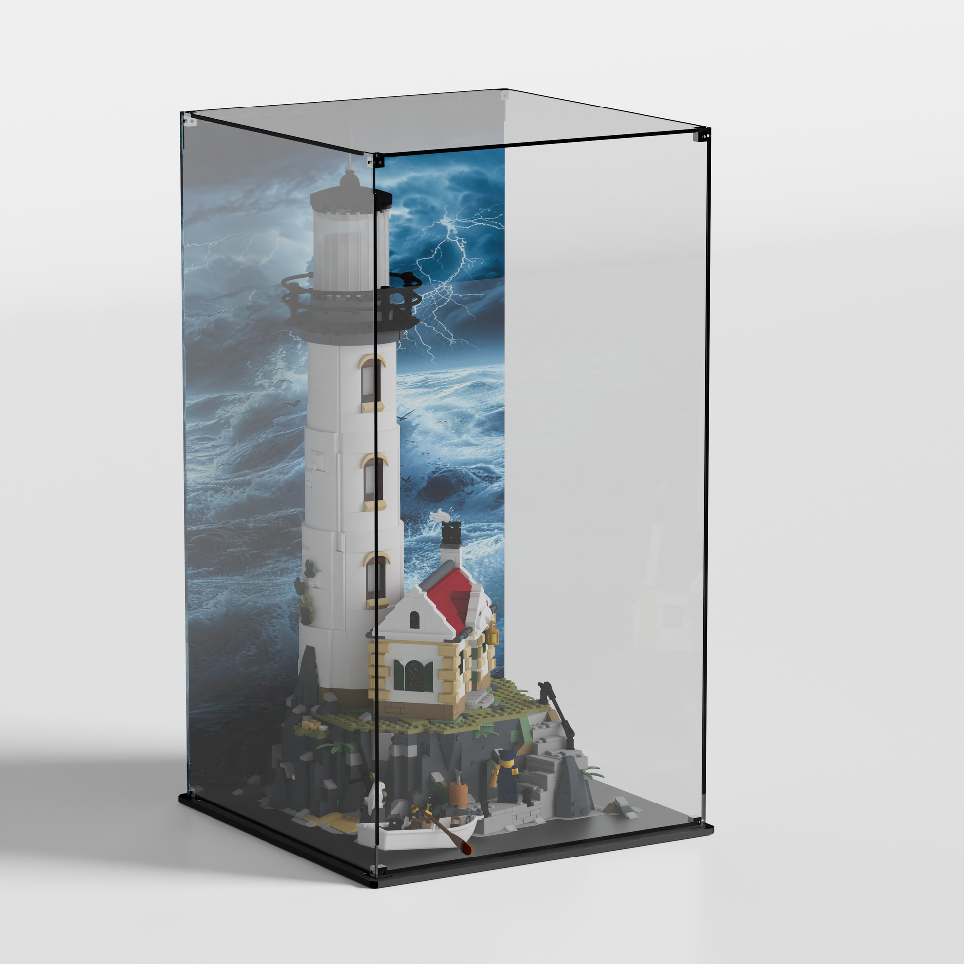 Side view of LEGO Display case for LEGO Ideas Motorised Lighthouse 21335