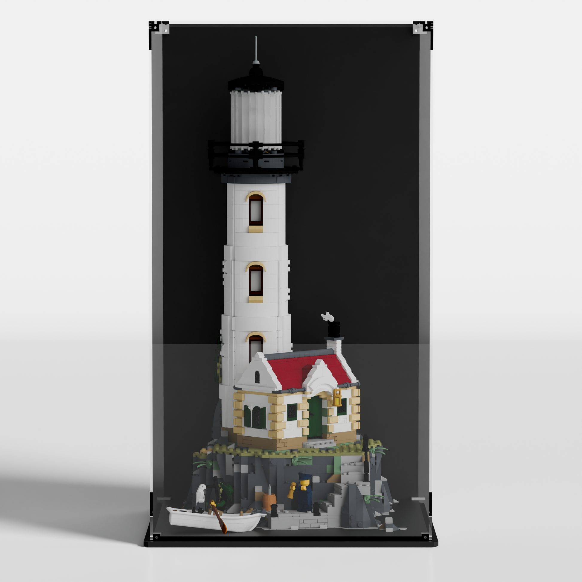LEGO model of a lighthouse with a boat on a black background