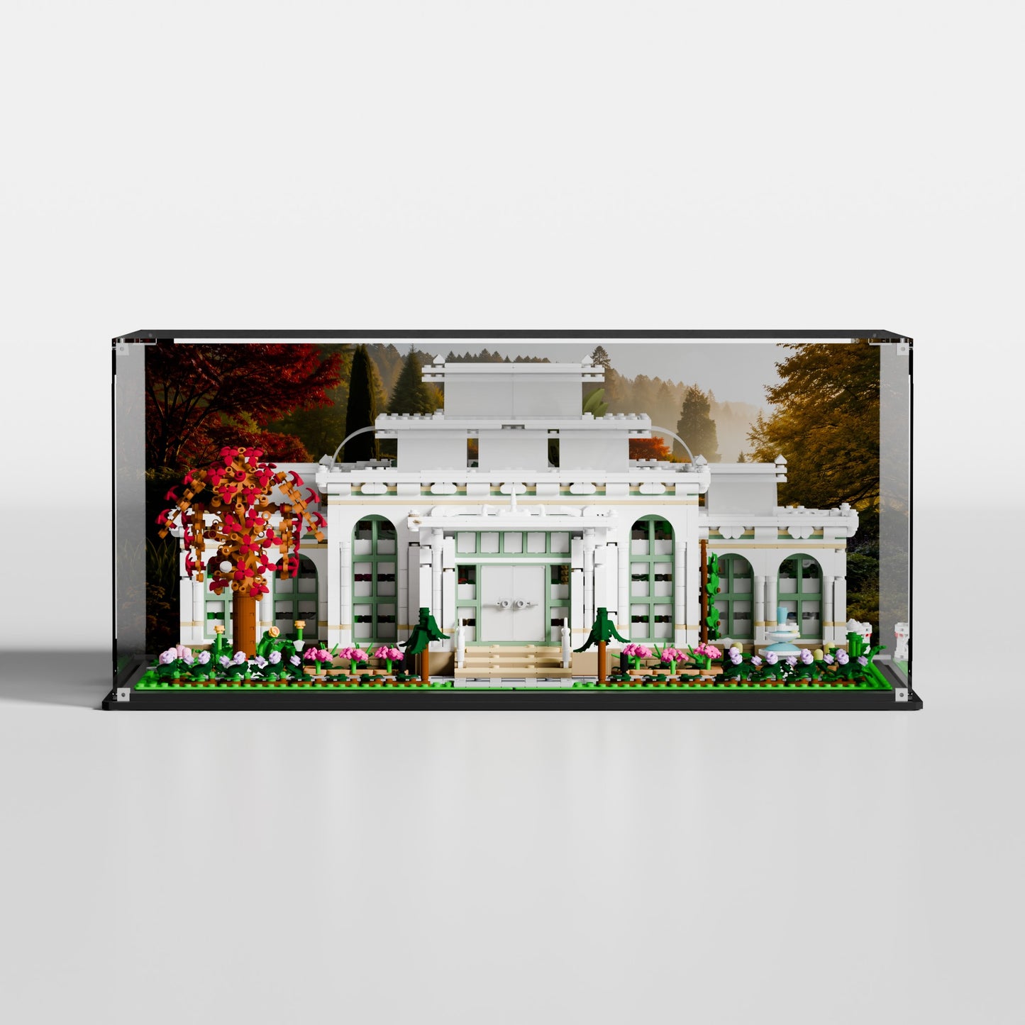 Custom Garden Pathway background for LEGO The Botanical Garden 21353 display case — premium UV-filter acrylic, made in Europe
