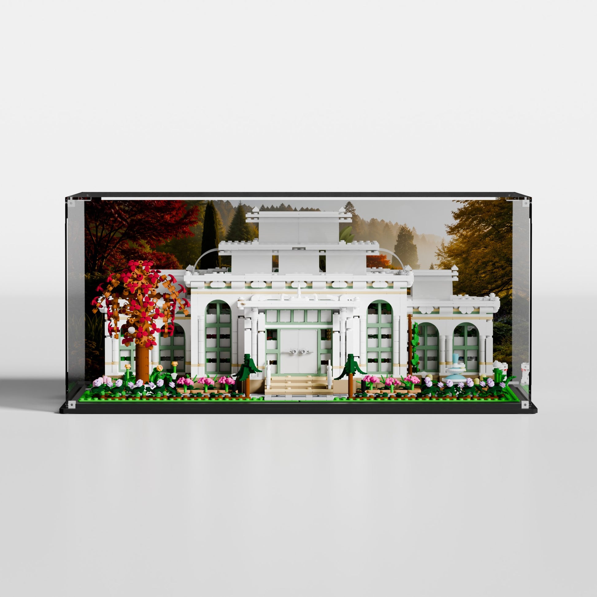 Custom Garden Pathway background for LEGO The Botanical Garden 21353 display case — premium UV-filter acrylic, made in Europe