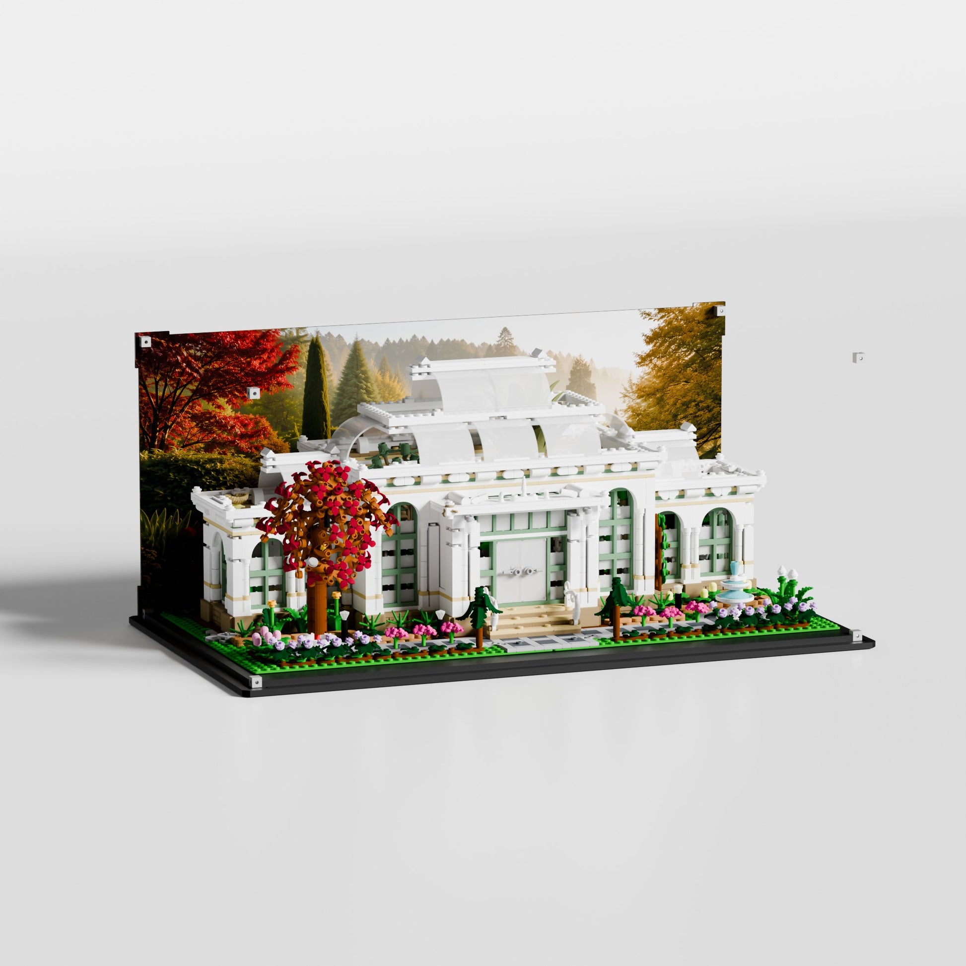 LEGO The Botanical Garden showcase — premium UV-protected acrylic display case, Garden Pathway background, made in Europe