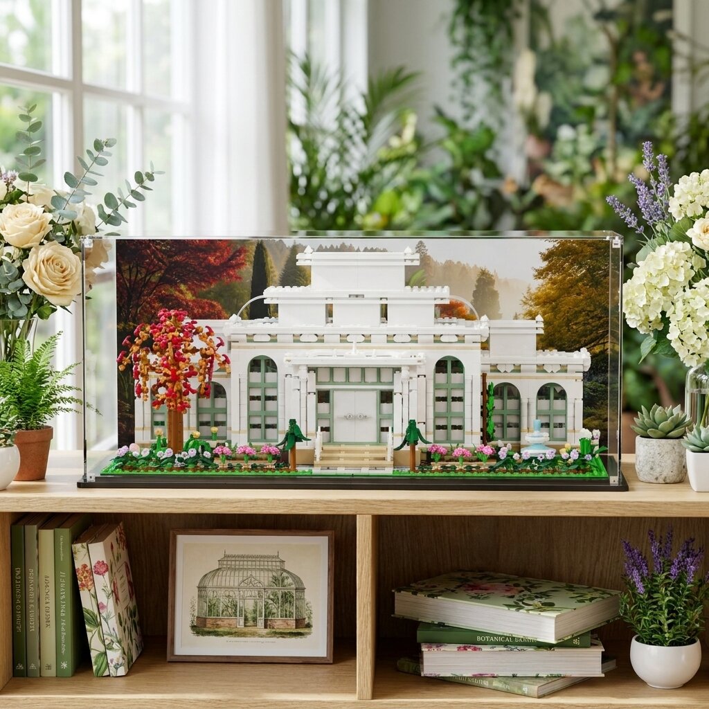 LEGO display case for The Botanical Garden (21353) with Garden Pathway background on a shelf — premium UV-protected acrylic
