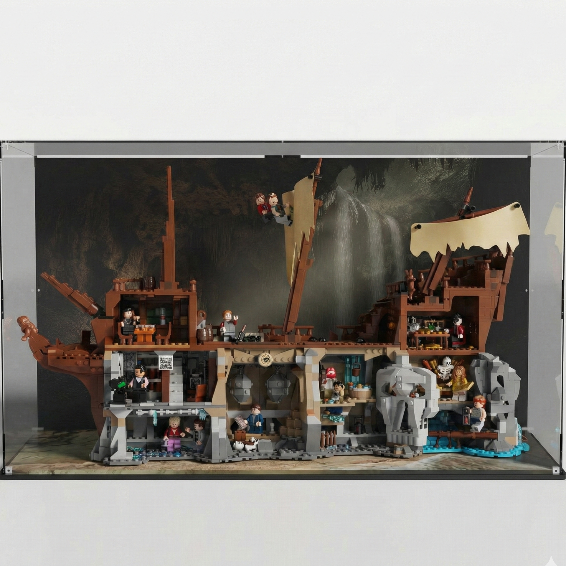 UV Protected display case for LEGO Ideas The Goonies 21363 inside premium LEGO display case with cavern waterfall background