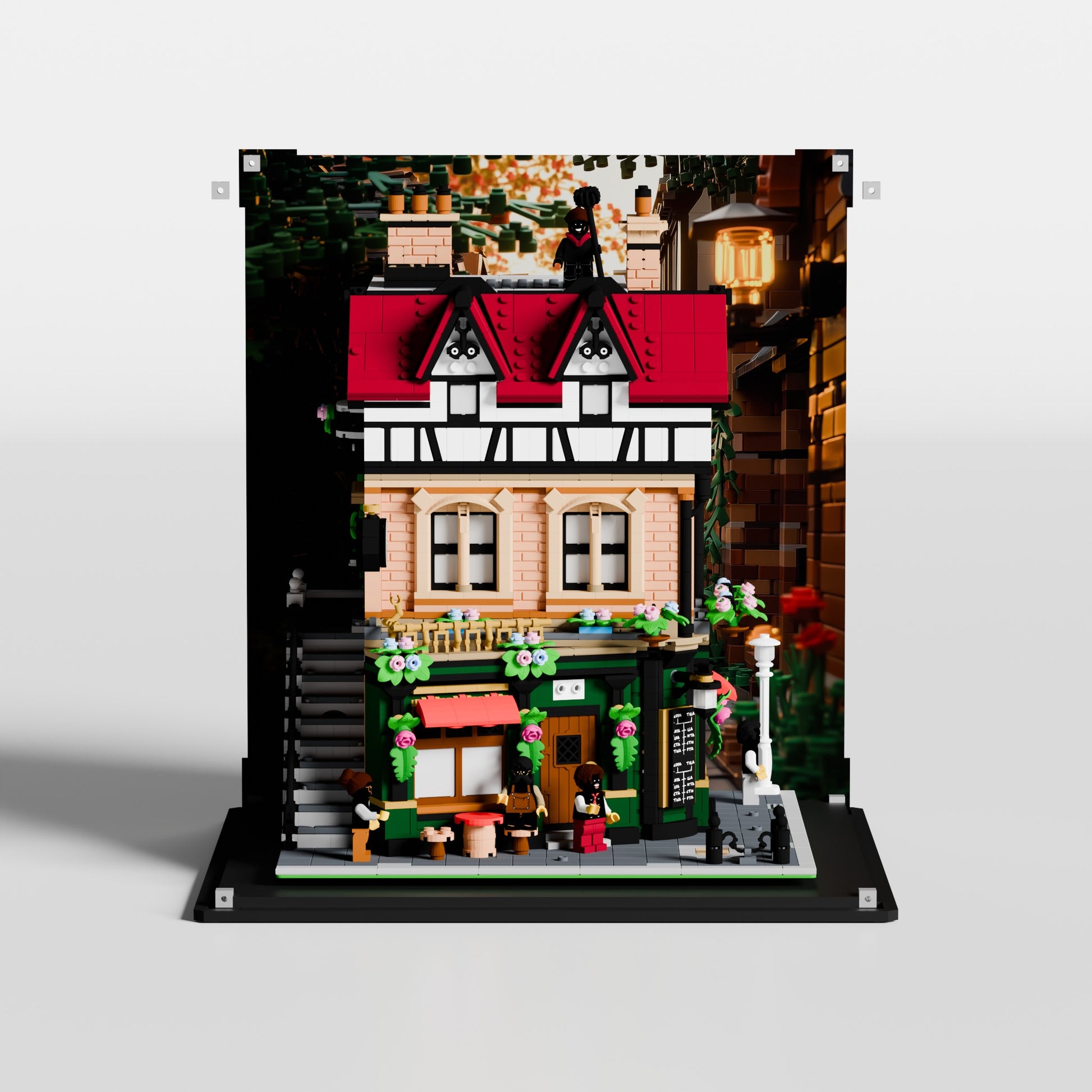 LEGO Icons Tudor Corner (10350) in premium UV-protected acrylic display case with LEGO Street background — made in Europe