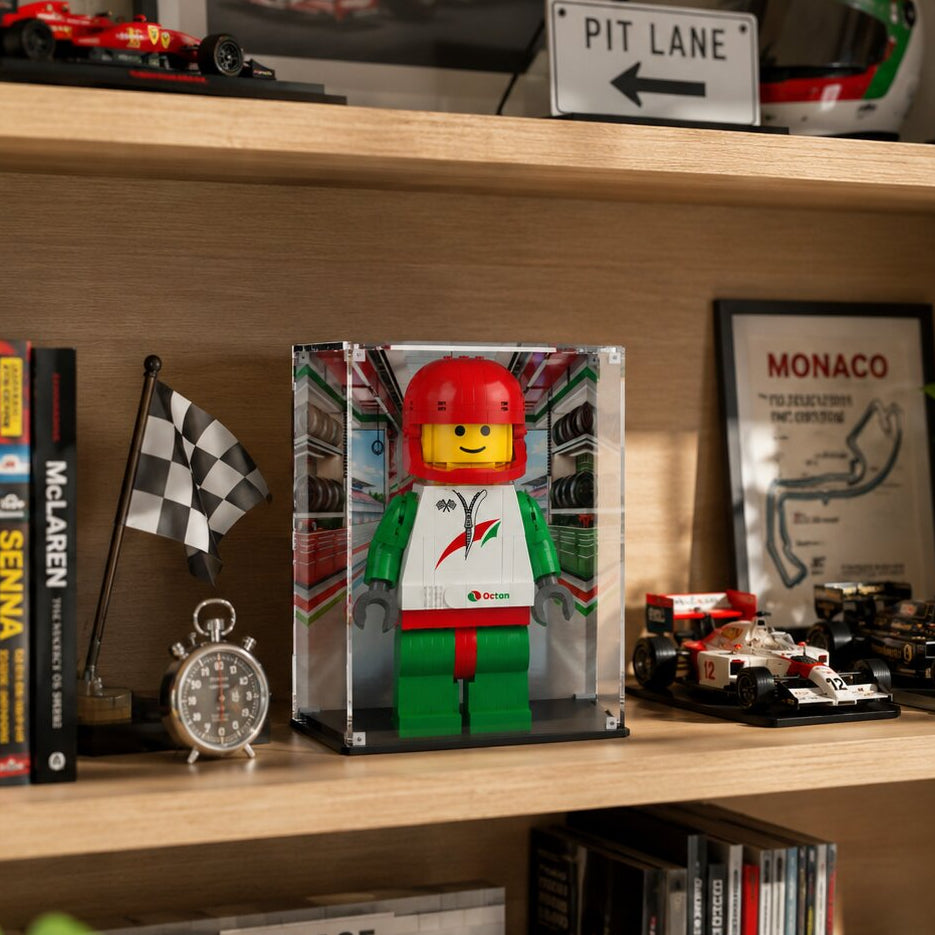 LEGO display case for Up-Scaled Racing Driver Minifigure 40819 — premium UV-protected acrylic with Racing Garage background