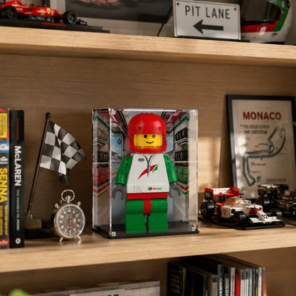 LEGO display case for Up-Scaled Racing Driver Minifigure 40819 — premium UV-protected acrylic with Racing Garage background