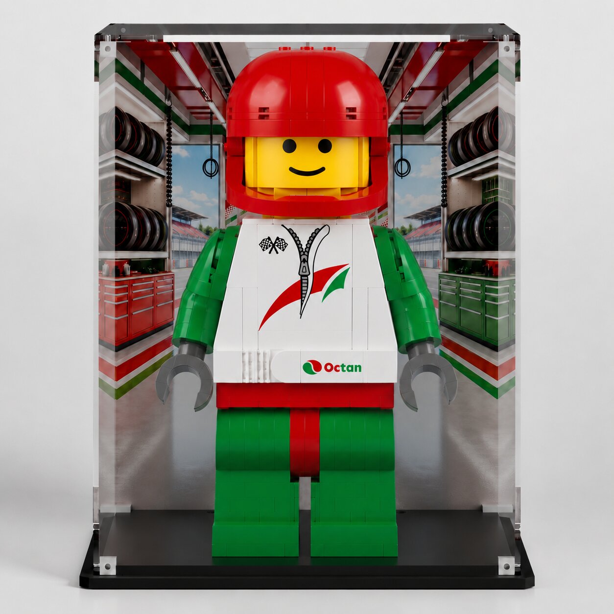 LEGO Minifigures Up-Scaled Racing Driver (40819) in premium UV-protected acrylic display case — made in Europe