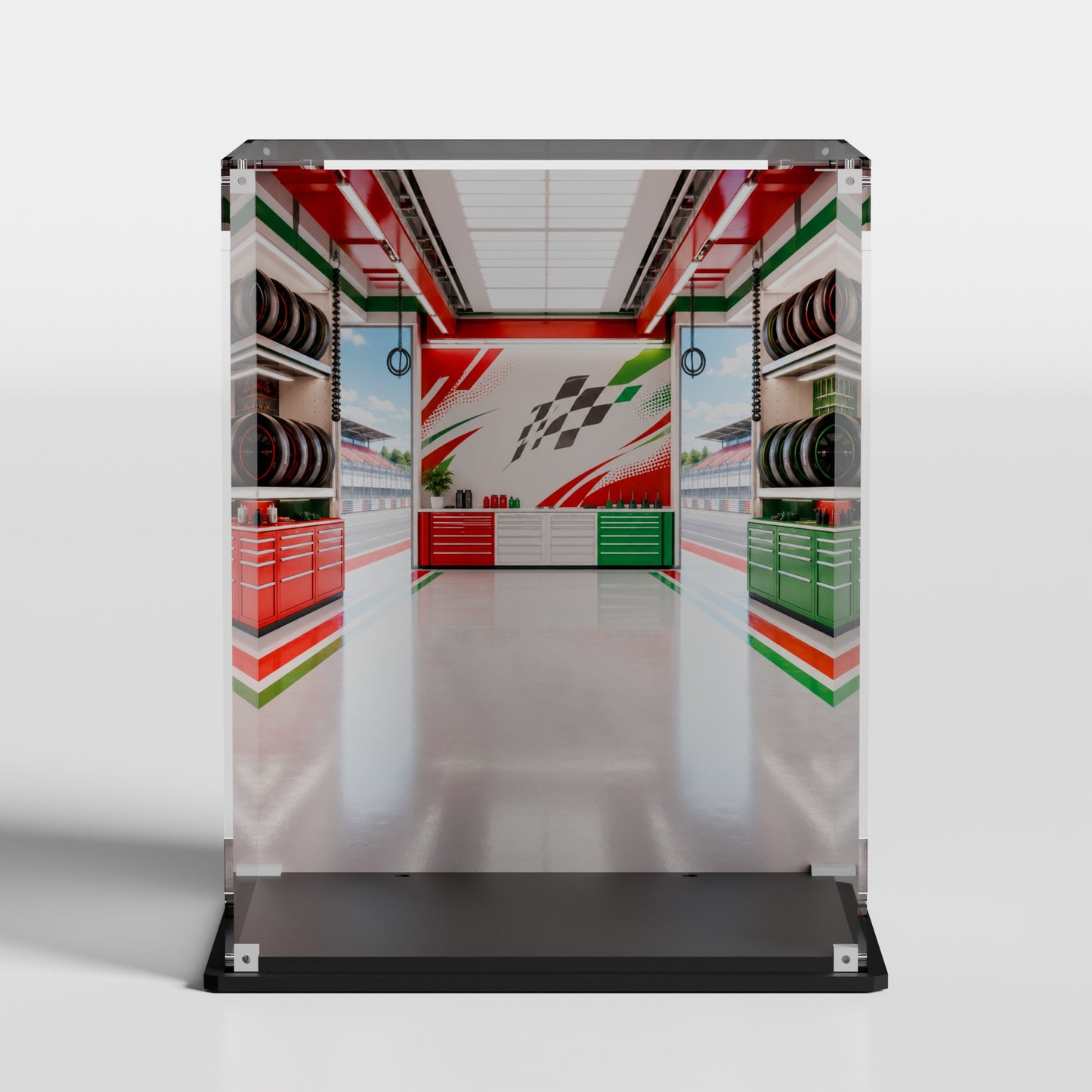 Custom Racing Garage background for LEGO Up-Scaled Racing Driver Minifigure 40819 display case — premium UV-filter acrylic