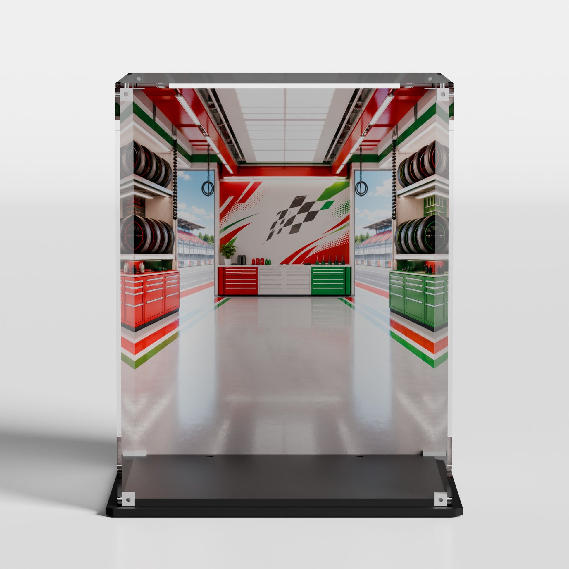Custom Racing Garage background for LEGO Up-Scaled Racing Driver Minifigure 40819 display case — premium UV-filter acrylic