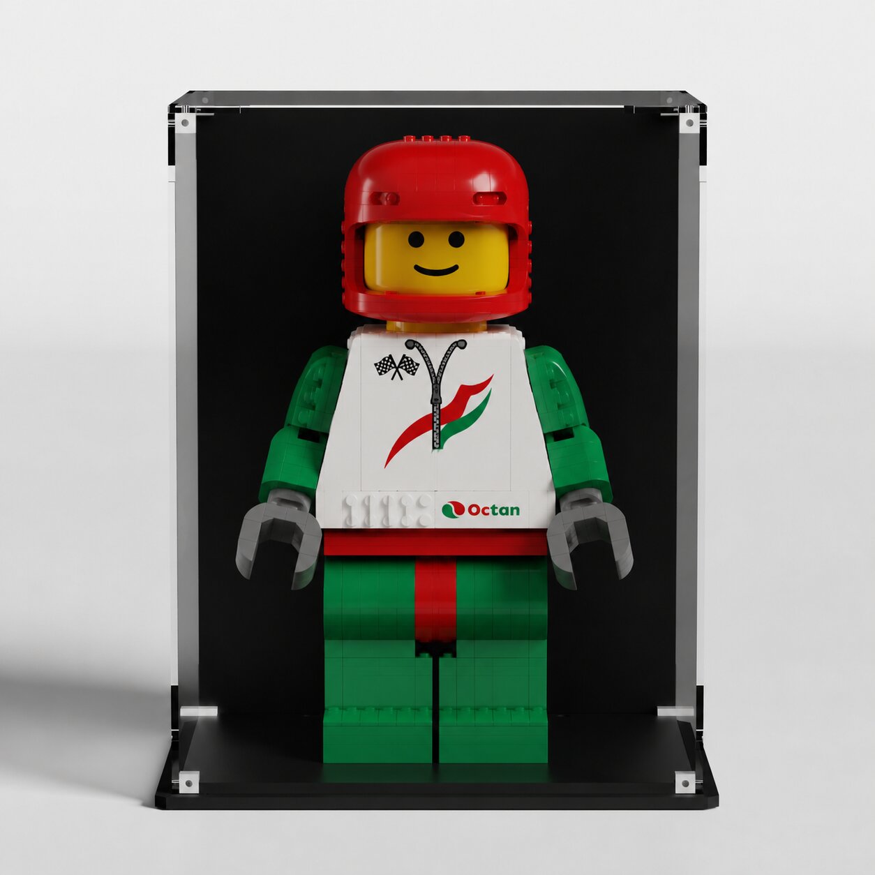 Premium UV-protected LEGO display box for Up-Scaled Racing Driver 40819 with glossy black background — EU-made