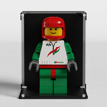 Premium UV-protected LEGO display box for Up-Scaled Racing Driver 40819 with glossy black background — EU-made