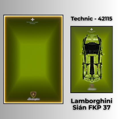 LED LEGO display case wall mount, Style B hex-pattern backdrop, fits Lamborghini Sián 42115, brushed aluminium frame, UV shield