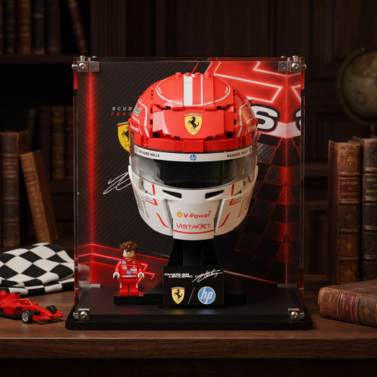 LEGO display case for Charles Leclerc Helmet 43014 — premium UV-protected acrylic with Leclerc Signature background