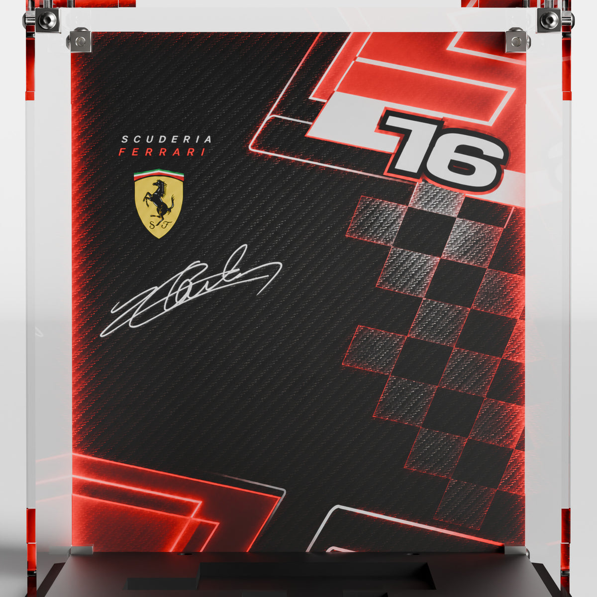 Custom Leclerc Signature background for LEGO Charles Leclerc Helmet 43014 display case — premium UV-filter acrylic