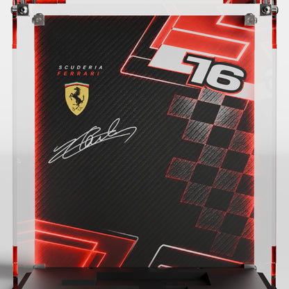 Custom Leclerc Signature background for LEGO Charles Leclerc Helmet 43014 display case — premium UV-filter acrylic