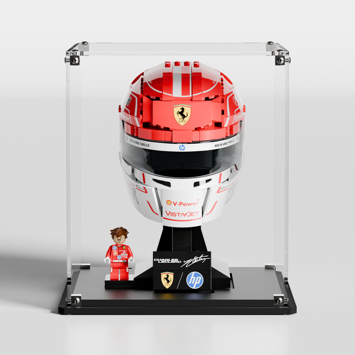 Premium UV-protected LEGO display box for Charles Leclerc Helmet 43014 with transparent background — EU-made