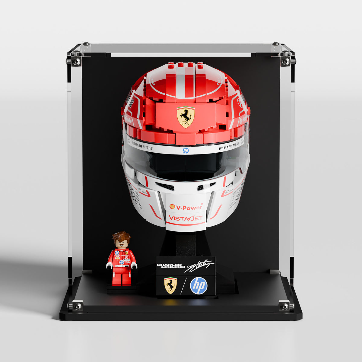 Premium UV-protected LEGO display box for Charles Leclerc Helmet 43014 with glossy black background — EU-made