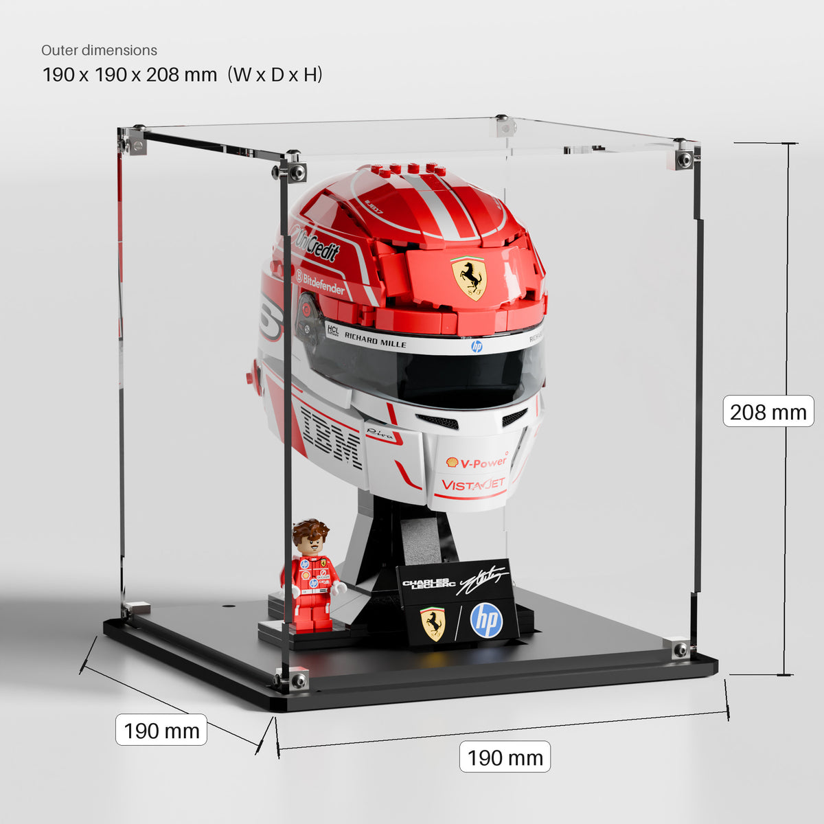 LEGO display case for Charles Leclerc Helmet 43014 dimensions — 190 x 190 x 208 mm premium UV-protected acrylic