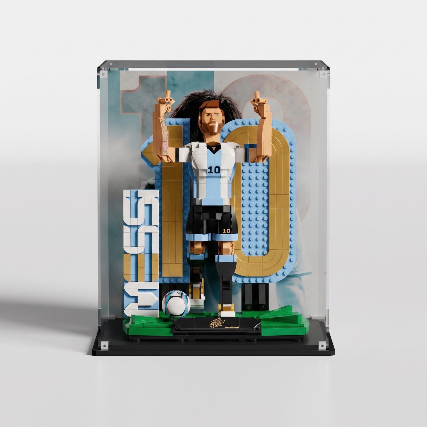 Glossy black acrylic base for LEGO Lionel Messi Soccer Legend 43015 display case — premium UV-protected, EU-made