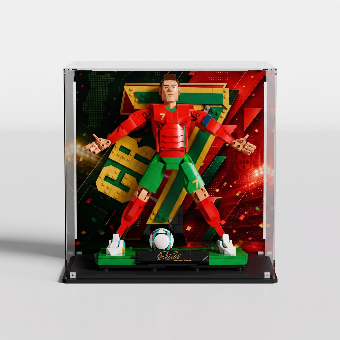LEGO Cristiano Ronaldo Soccer Legend showcase — dustproof premium UV-filter acrylic display case, made in Europe