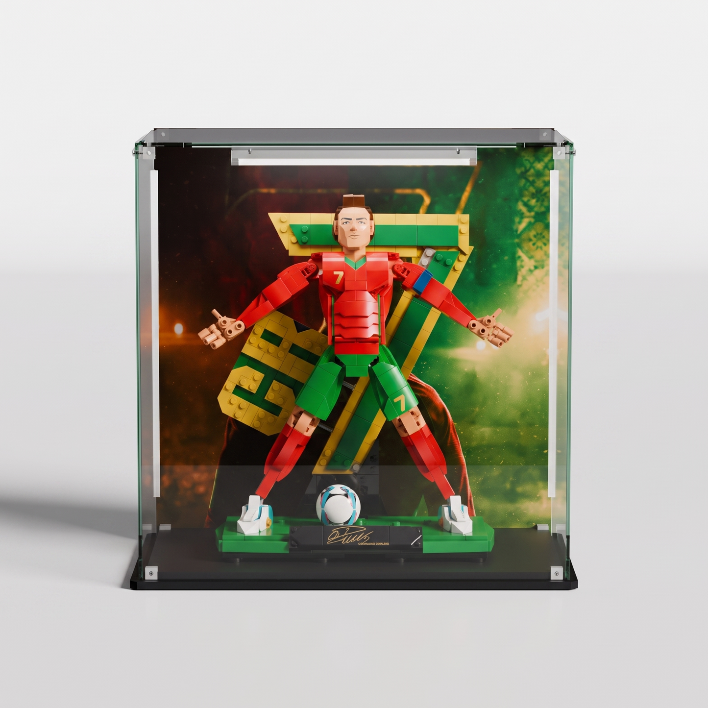 Glossy black acrylic base for LEGO Cristiano Ronaldo Soccer Legend 43016 display case — premium UV-protected, EU-made