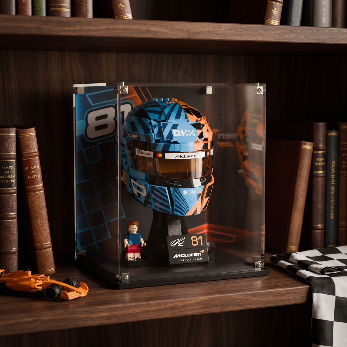 LEGO display case for Oscar Piastri Helmet 43017 — premium UV-protected acrylic with Piastri Signature background
