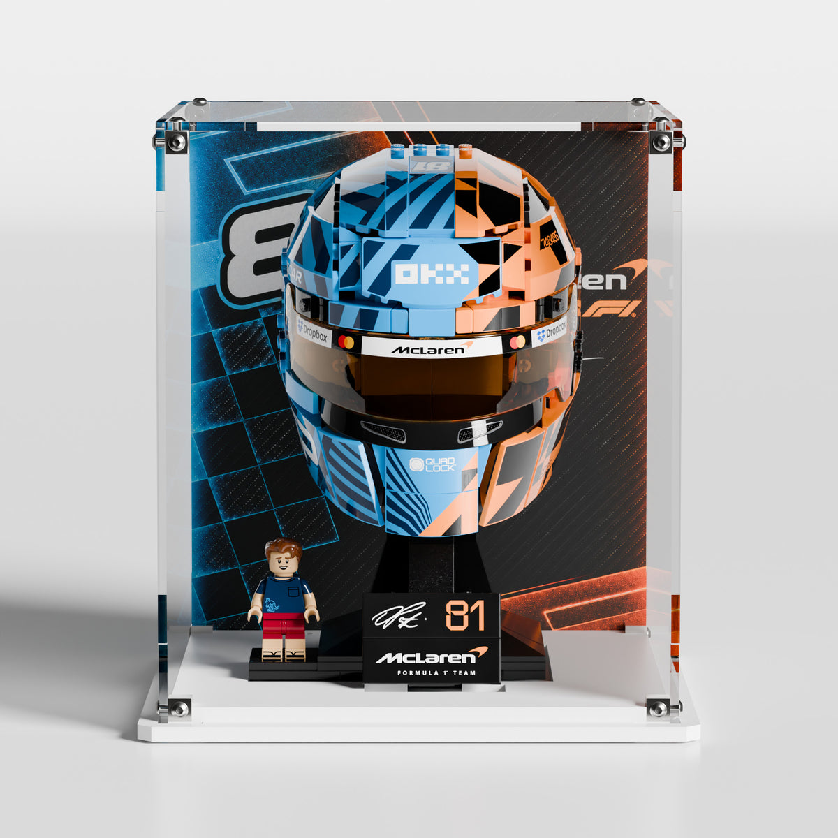 Glossy white acrylic base for LEGO Oscar Piastri Helmet 43017 display case — premium UV-protected, EU-made