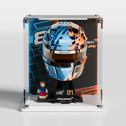 Glossy white acrylic base for LEGO Oscar Piastri Helmet 43017 display case — premium UV-protected, EU-made