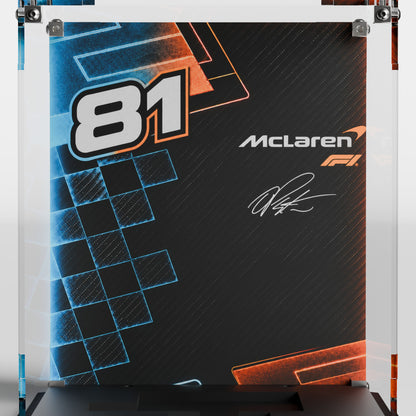 Custom Piastri Signature background for LEGO Oscar Piastri Helmet 43017 display case — premium UV-filter acrylic