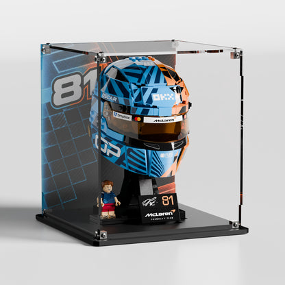 LEGO Oscar Piastri Helmet showcase — dustproof premium UV-filter acrylic display case, made in Europe