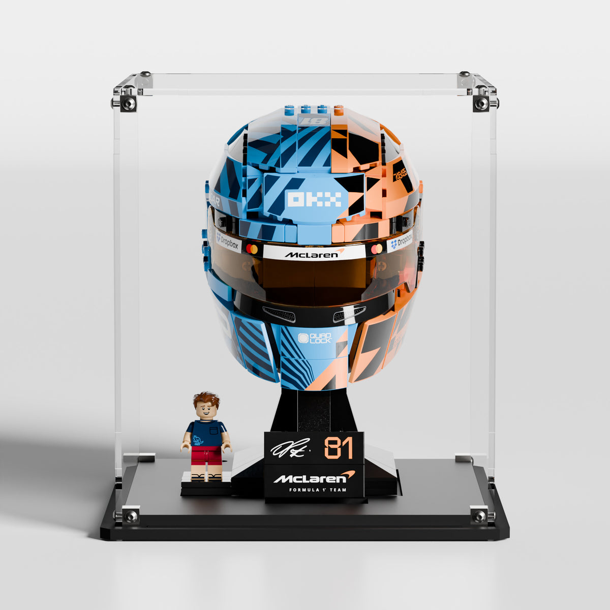 Premium UV-protected LEGO display box for Oscar Piastri Helmet 43017 with transparent background — EU-made