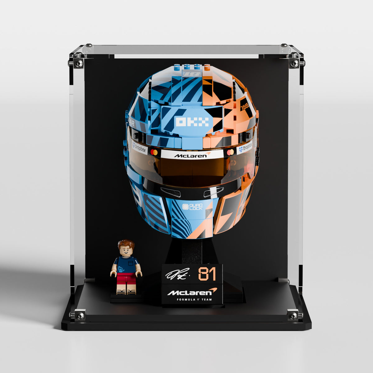 Premium UV-protected LEGO display box for Oscar Piastri Helmet 43017 with glossy black background — EU-made