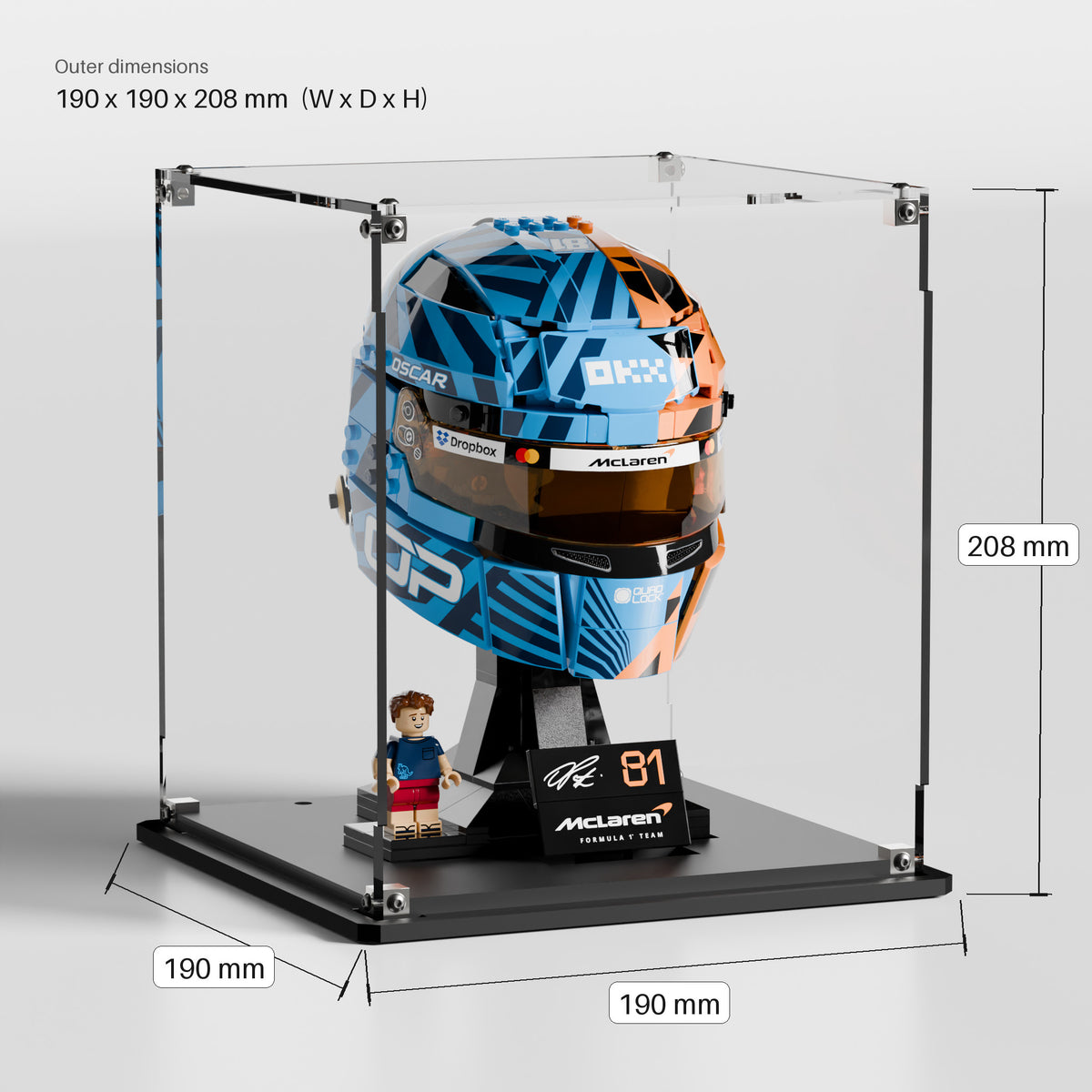 LEGO display case for Oscar Piastri Helmet 43017 dimensions — 190 x 190 x 208 mm premium UV-protected acrylic