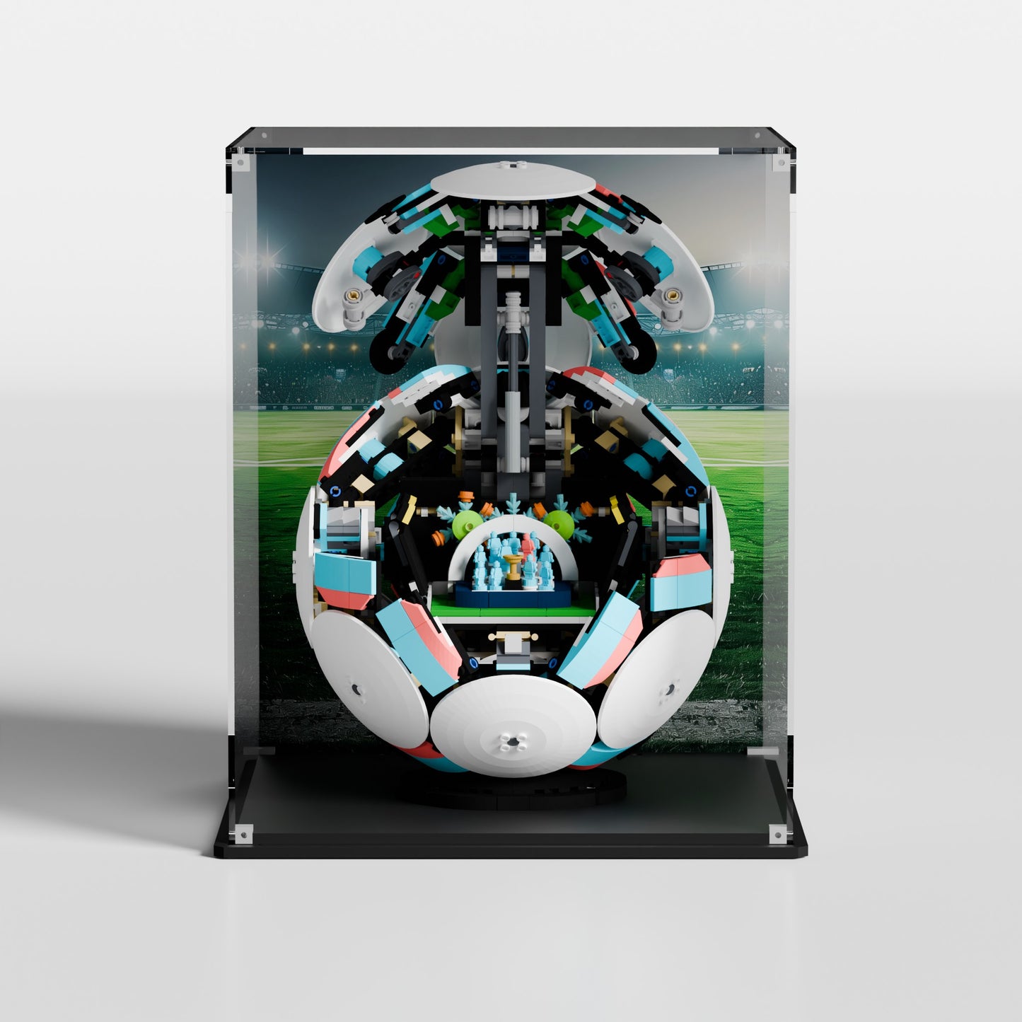 LEGO Editions Soccer Ball (43019) in premium UV-protected acrylic display case with Stadium background — made in Europe