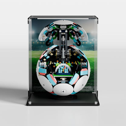 LEGO Editions Soccer Ball (43019) in premium UV-protected acrylic display case with Stadium background — made in Europe