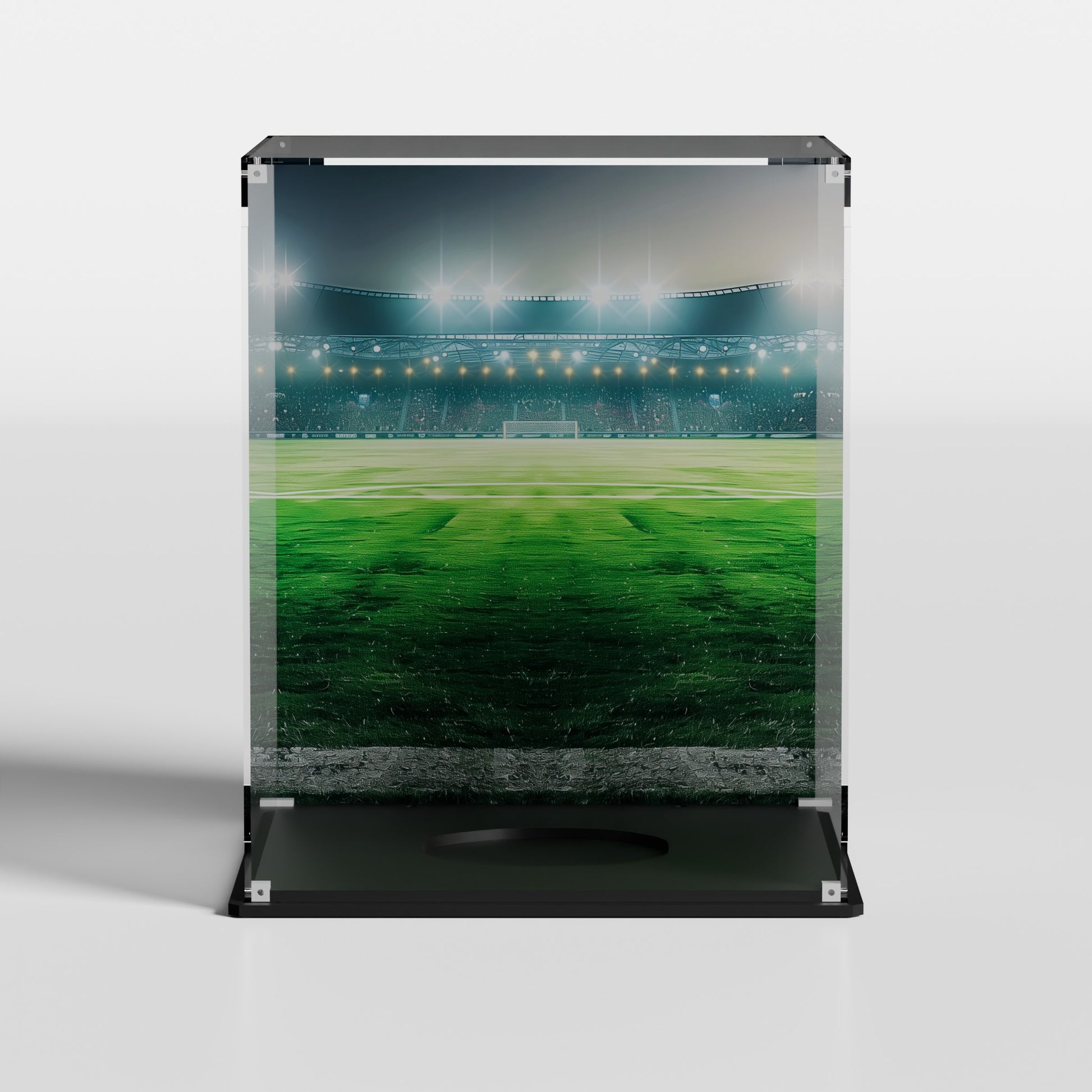 Custom Stadium background for LEGO Soccer Ball 43019 display case — premium UV-filter acrylic, detail of the printed backdrop