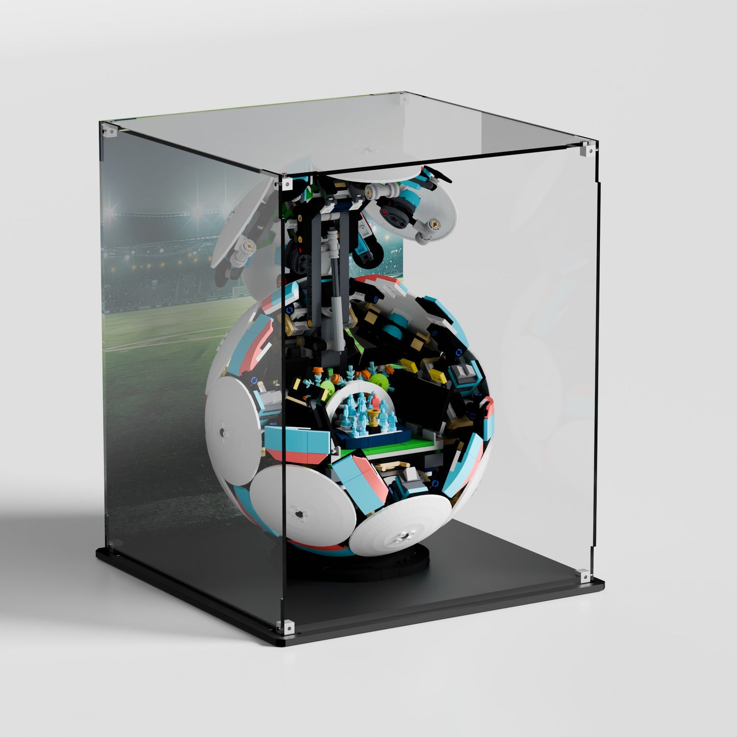 LEGO Soccer Ball 43019 display case at a 3/4 angle — premium UV-protected acrylic with Stadium background, EU-made