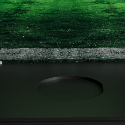 Detail of the glossy black acrylic base and Stadium turf background for the LEGO Soccer Ball 43019 display case — premium UV-protected, EU-made