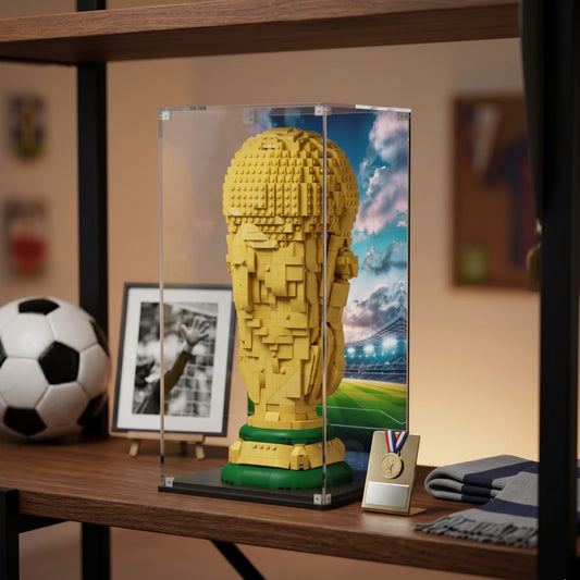 LEGO display case for FIFA World Cup Official Trophy 43020 — premium UV-protected acrylic with World Cup Stadium background