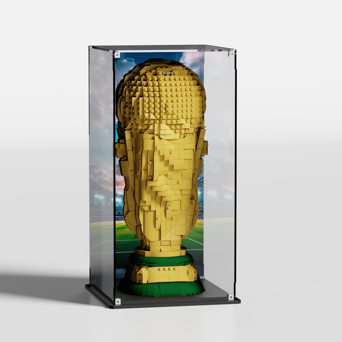 Premium UV-protected LEGO display box for FIFA World Cup Official Trophy 43020 with transparent background — EU-made