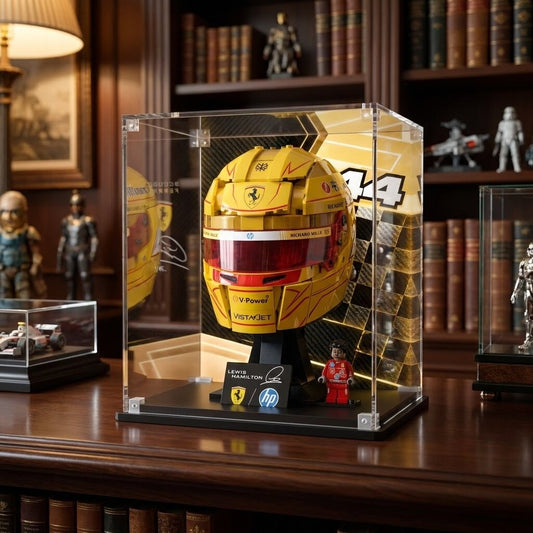 LEGO display case for Lewis Hamilton Helmet 43022 — premium UV-protected acrylic with Hamilton Signature background, shown in a display room setting