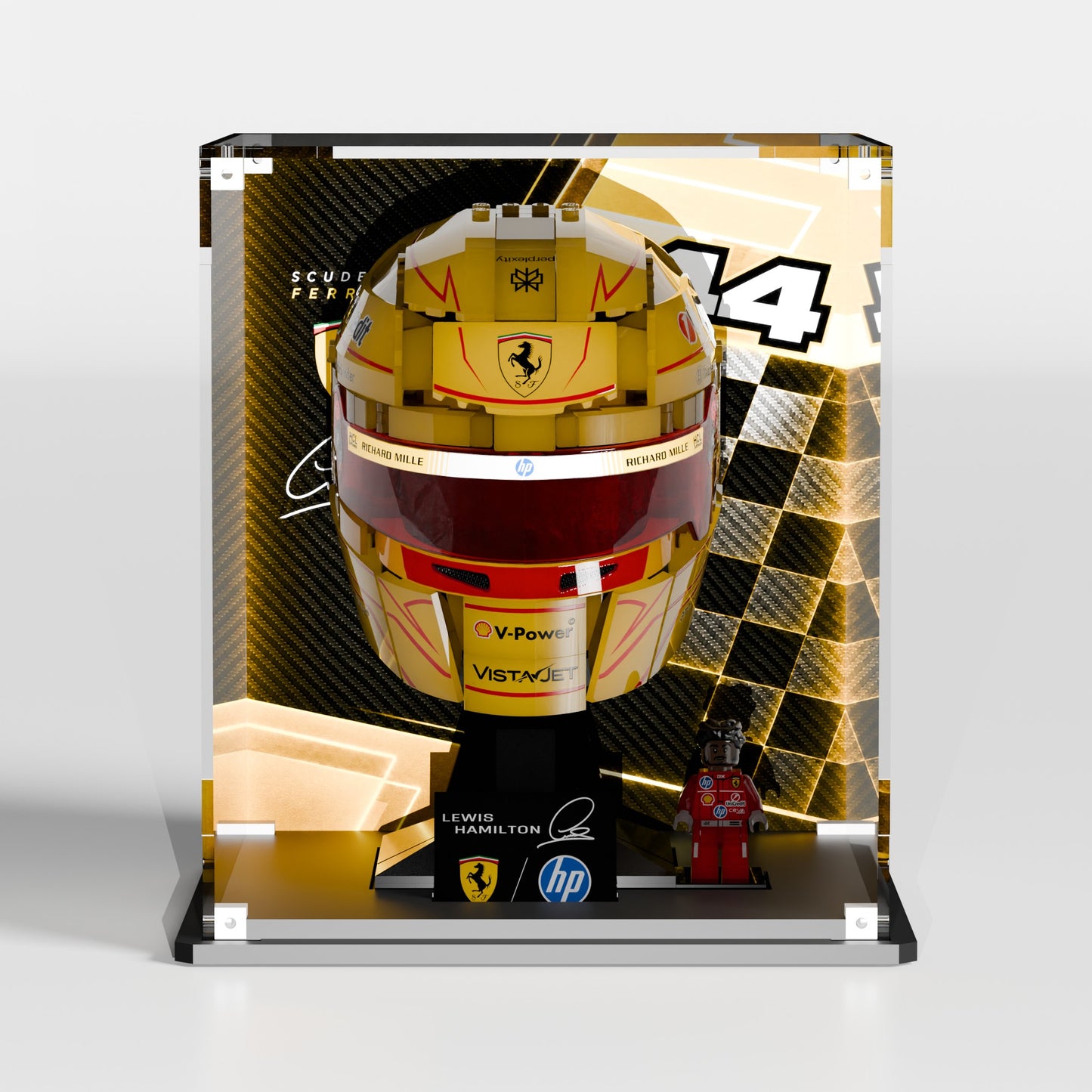 LEGO Editions Scuderia Ferrari HP Lewis Hamilton Helmet (43022) in premium UV-protected acrylic display case — made in Europe