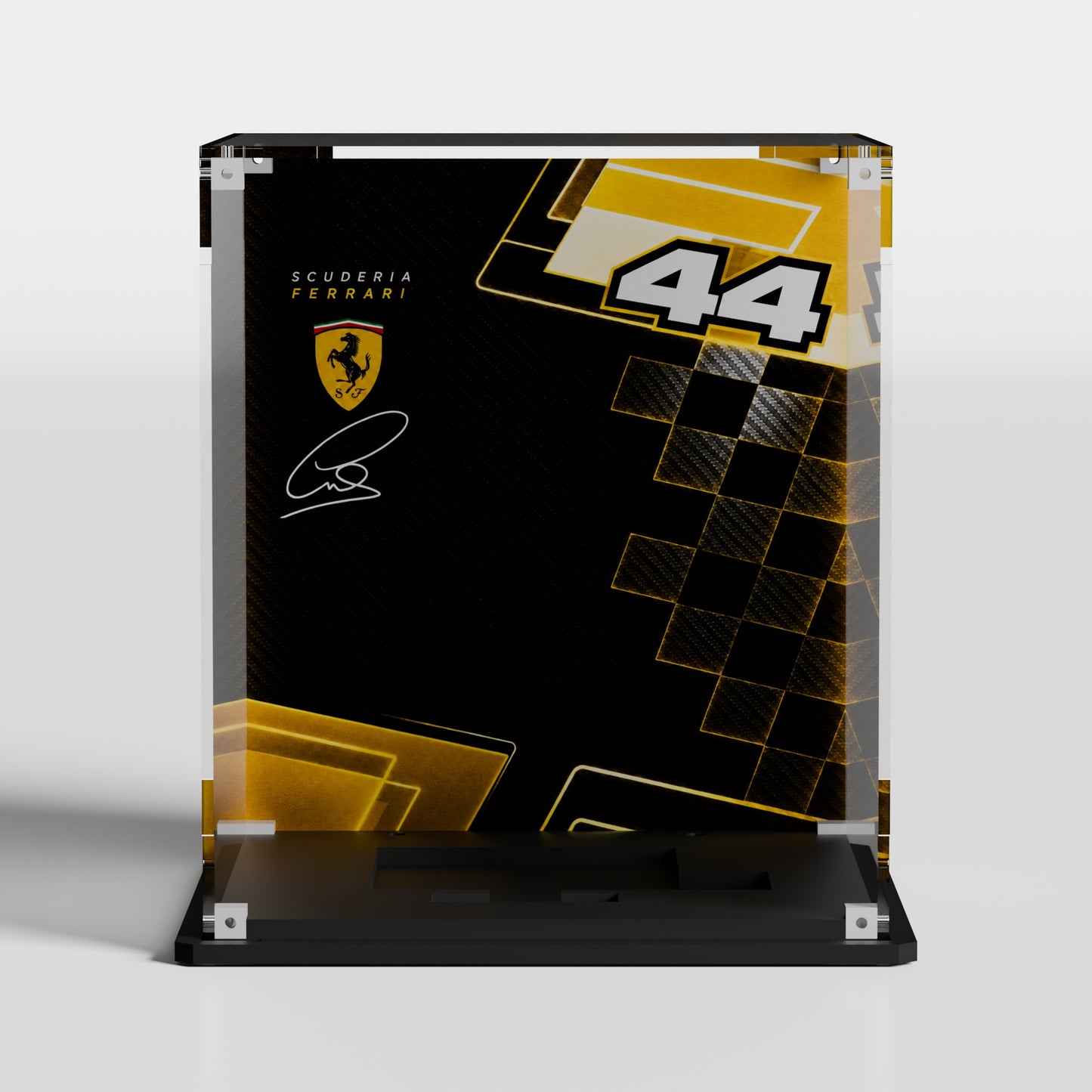 Custom Hamilton Signature background for LEGO Lewis Hamilton Helmet 43022 display case — premium UV-filter acrylic