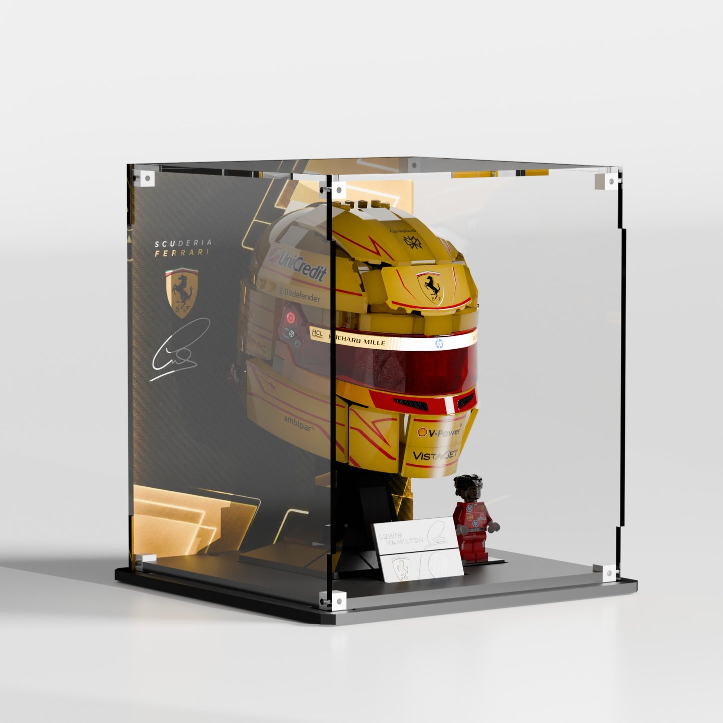 LEGO Lewis Hamilton Helmet (43022) showcase — custom-fit premium UV-protected acrylic, made in Europe