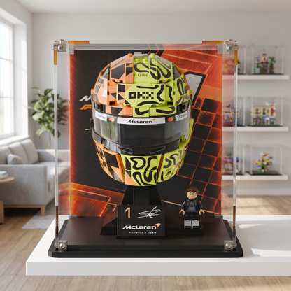 LEGO display case for Lando Norris Helmet 43023 — premium UV-protected acrylic with Norris Signature background