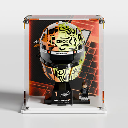 Glossy white acrylic base for LEGO Lando Norris Helmet 43023 display case — premium UV-protected, EU-made