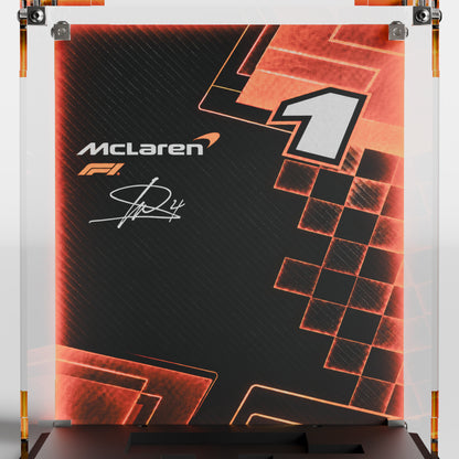 Custom Norris Signature background for LEGO Lando Norris Helmet 43023 display case — premium UV-filter acrylic