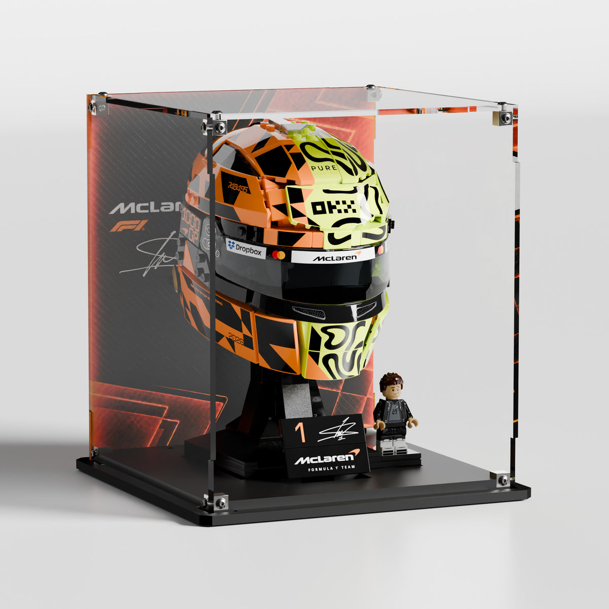 LEGO Lando Norris Helmet showcase — dustproof premium UV-filter acrylic display case, made in Europe