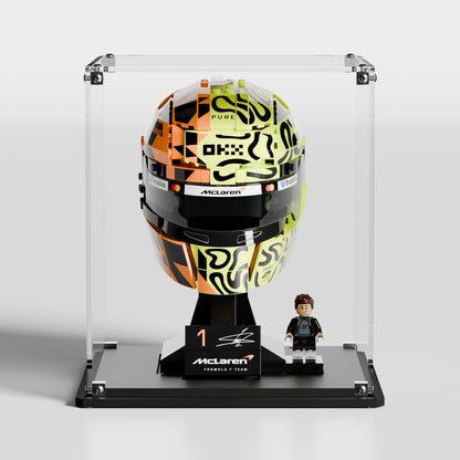 Premium UV-protected LEGO display box for Lando Norris Helmet 43023 with transparent background — EU-made